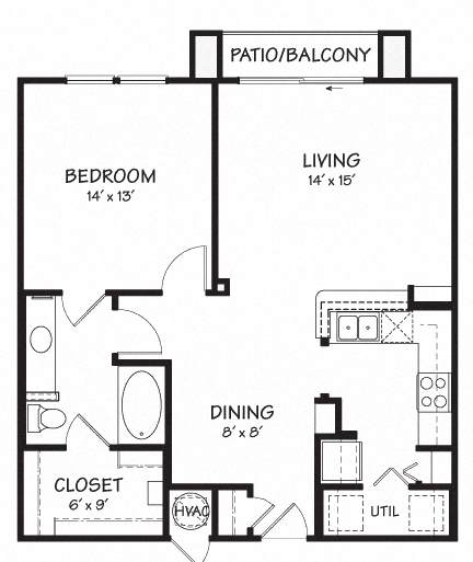 Floor plan for 1 bed, 1 bath, 826 sqft